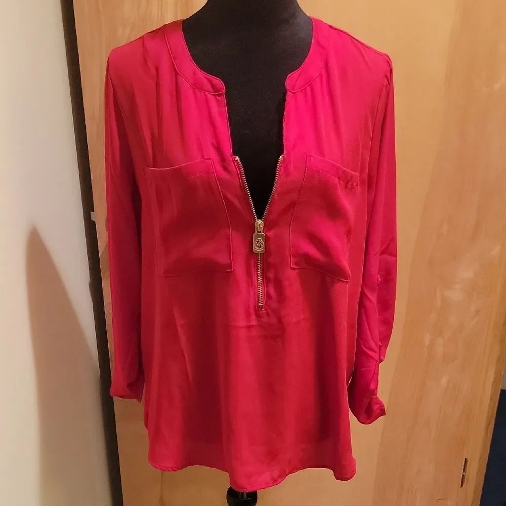 Michael Kors Vibrant Red Blouse with Gold Accents